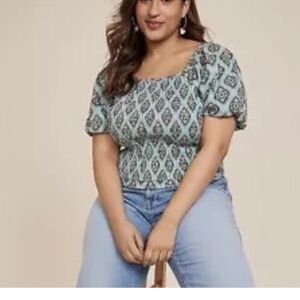 Maurices Womens Medallion Smocked Puff Sleeve Top Boho Plus Size 1X